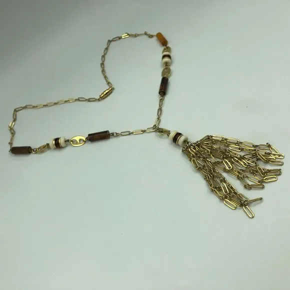 VINTAGE Gold Tone Tassel Beaded Pendant Retro Necklace, Disco Party Studio 54 - Picture 7 of 16